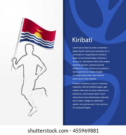 Young athlete running with holding Kiribati Flag with typography background. Athlete with Country flag running in Rio olympics background