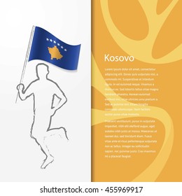 Young athlete running with holding Kosovo Flag with typography background. Athlete with Country flag running in Rio olympics background