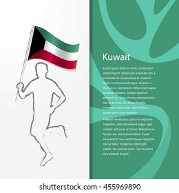 Young athlete running with holding Kuwait Flag with typography background. Athlete with Country flag running in Rio olympics background