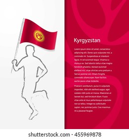 Young athlete running with holding Kyrgyzstan Flag with typography background. Athlete with Country flag running in Rio olympics background