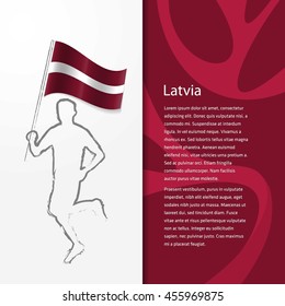 Young athlete running with holding Latvia  Flag with typography background. Athlete with Country flag running in Rio olympics background