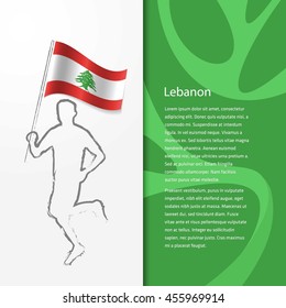 Young athlete running with holding Lebanon Flag with typography background. Athlete with Country flag running in Rio olympics background