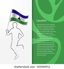 Young athlete running with holding Lesotho Flag with typography background. Athlete with Country flag running in Rio olympics background