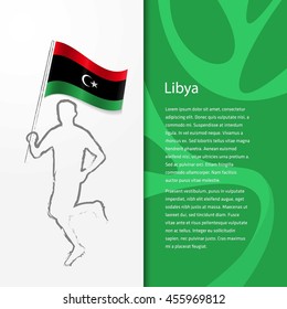 Young athlete running with holding Libya Flag with typography background. Athlete with Country flag running in Rio olympics background