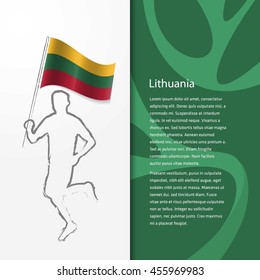 Young athlete running with holding Lithuania Flag with typography background. Athlete with Country flag running in Rio olympics background