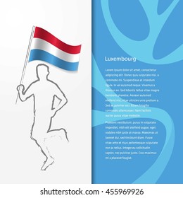 Young athlete running with holding Luxembourg Flag with typography background. Athlete with Country flag running in Rio olympics background