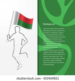 Young athlete running with holding Madgascar Flag with typography background. Athlete with Country flag running in Rio olympics background