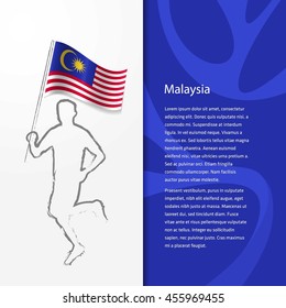 Young athlete running with holding Malaysia Flag with typography background. Athlete with Country flag running in Rio olympics background