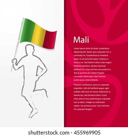 Young athlete running with holding Mali Flag with typography background. Athlete with Country flag running in Rio olympics background