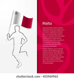 Young athlete running with holding Malta Flag with typography background. Athlete with Country flag running in Rio olympics background