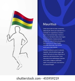 Young athlete running with holding Mauritius Flag with typography background. Athlete with Country flag running in Rio olympics background