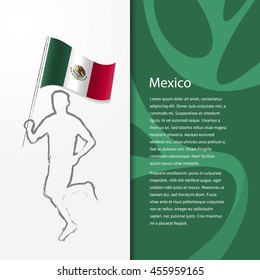 Young athlete running with holding Mexico Flag with typography background.  Athlete with Country flag running in Rio olympics background