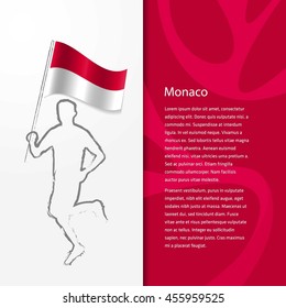 Young athlete running with holding Monaco Flag with typography background. Athlete with Country flag running in Rio olympics background