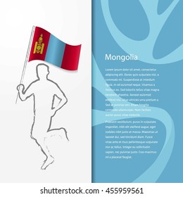 Young athlete running with holding Mongolia Flag with typography background. Athlete with Country flag running in Rio olympics background