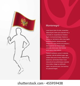 Young athlete running with holding Montenegro Flag with typography background. Athlete with Country flag running in Rio olympics background