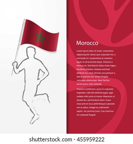 Young athlete running with holding Morocco Flag with typography background. Athlete with Country flag running in Rio olympics background