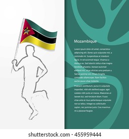 Young athlete running with holding Mozambique Flag with typography background. Athlete with Country flag running in Rio olympics background