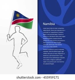 Young athlete running with holding Namibia Flag with typography background. Athlete with Country flag running in Rio olympics background