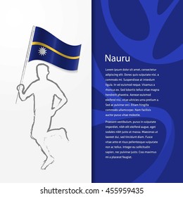 Young athlete running with holding Nauru Flag with typography background. Athlete with Country flag running in Rio olympics background