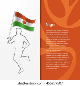 Young athlete running with holding Niger Flag with typography background. Athlete with Country flag running in Rio olympics background