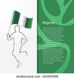 Young athlete running with holding Nigeria Flag with typography background. Athlete with Country flag running in Rio olympics background