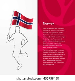 Young athlete running with holding Norway Flag with typography background. Athlete with Country flag running in Rio olympics background