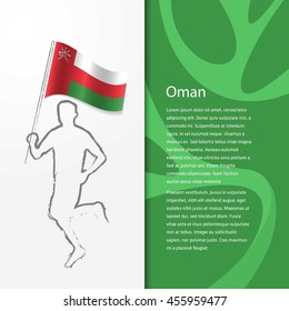 Young athlete running with holding Oman Flag with typography background. Athlete with Country flag running in Rio olympics background