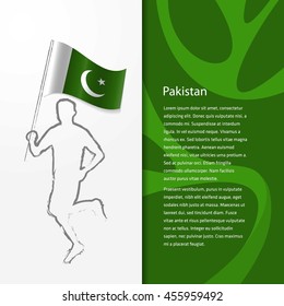 Young athlete running with holding Pakistan Flag with typography background. Athlete with Country flag running in Rio olympics background