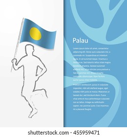 Young athlete running with holding Palau Flag with typography background. Athlete with Country flag running in Rio olympics background