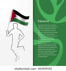 Young athlete running with holding Palestine Flag with typography background. Athlete with Country flag running in Rio olympics background