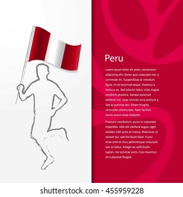 Young athlete running with holding Peru Flag with typography background. Athlete with Country flag running in Rio olympics background