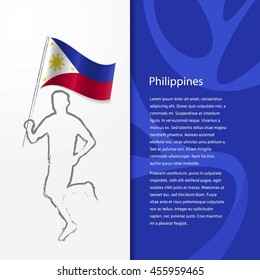 Young athlete running with holding Phillipines Flag with typography background. Athlete with Country flag running in Rio olympics background