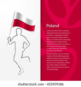 Young athlete running with holding Poland Flag with typography background. Athlete with Country flag running in Rio olympics background