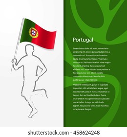 Young athlete running with holding Portugal Flag with typography background. Athlete with Country flag running in Rio background