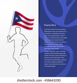 Young athlete running with holding Puerto Rico Flag with typography background. Athlete with Country flag running in Rio background