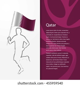 Young athlete running with holding Qatar Flag with typography background. Athlete with Country flag running in Rio olympics background