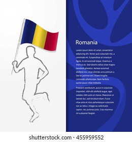 Young athlete running with holding Romania Flag with typography background. Athlete with Country flag running in Rio olympics background