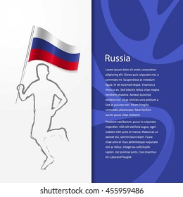 Young athlete running with holding Russia Flag with typography background. Athlete with Country flag running in Rio olympics background