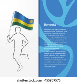 Young athlete running with holding Rwanda Flag with typography background. Athlete with Country flag running in Rio olympics background