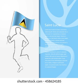 Young athlete running with holding Saint Lucia Flag with typography background. Athlete with Country flag running in Rio olympics background