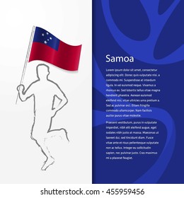 Young athlete running with holding Samoa Flag with typography background. Athlete with Country flag running in Rio olympics background