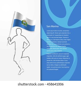 Young athlete running with holding San Marino Flag with typography background. Athlete with Country flag running in Rio background