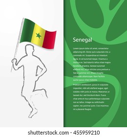 Young athlete running with holding Senegal  Flag with typography background. Athlete with Country flag running in Rio olympics background