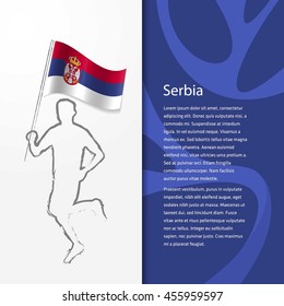 Young athlete running with holding Serbia Flag with typography background. Athlete with Country flag running in Rio olympics background