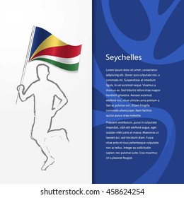 Young athlete running with holding Seychelles Flag with typography background. Athlete with Country flag running in Rio background