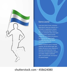 Young athlete running with holding Sierra Leone Flag with typography background. Athlete with Country flag running in Rio olympics background