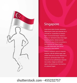 Young athlete running with holding Singapore Flag with typography background. Athlete with Country flag running in Rio olympics background