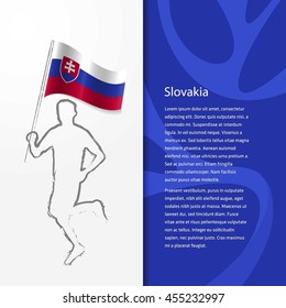 Young athlete running with holding Slovakia Flag with typography background. Athlete with Country flag running in Rio olympics background