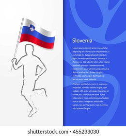 Young athlete running with holding Slovenia Flag with typography background. Athlete with Country flag running in Rio olympics background