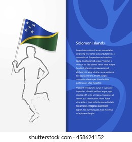 Young athlete running with holding Solomon Islands Flag with typography background. Athlete with Country flag running in Rio olympics background